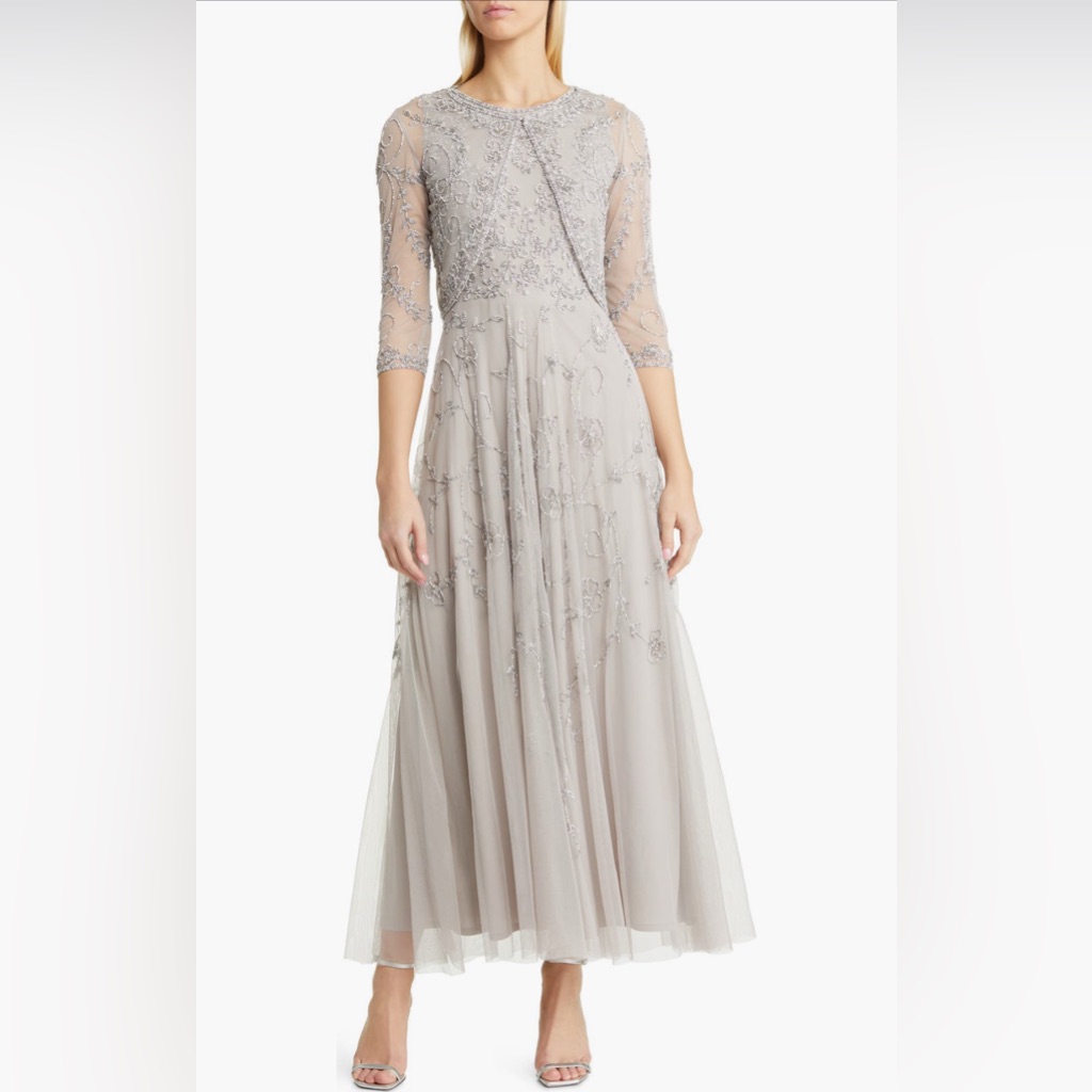 Pisarro Nights Beaded Mesh Gown With Jacket - Dress